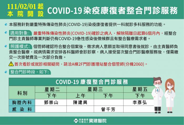 2022年2月1日起本院開設COVID-19染疫康復者整合門診服務