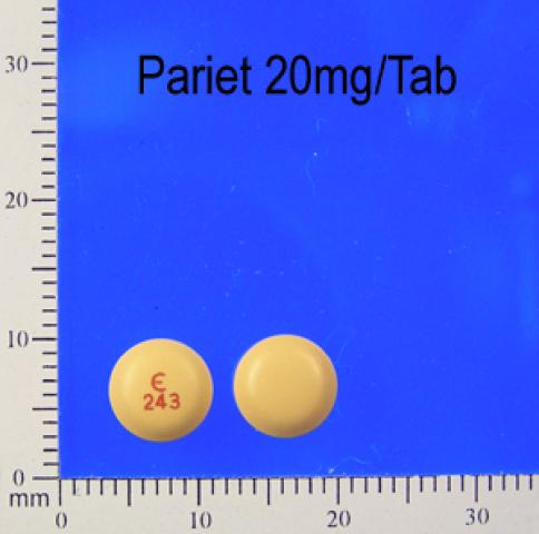 商品名:Pariet Tab 20mg<br>中文名:百抑潰腸溶膜衣錠20毫克